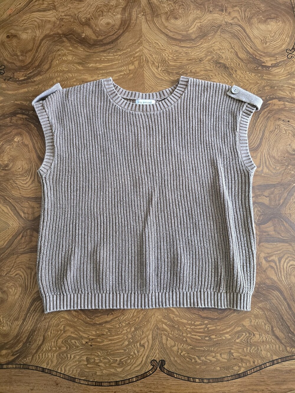 Blu Pepper 100% Cotton Knit Button-Back Tan Sleeveless Sweater Vest Womens M/L